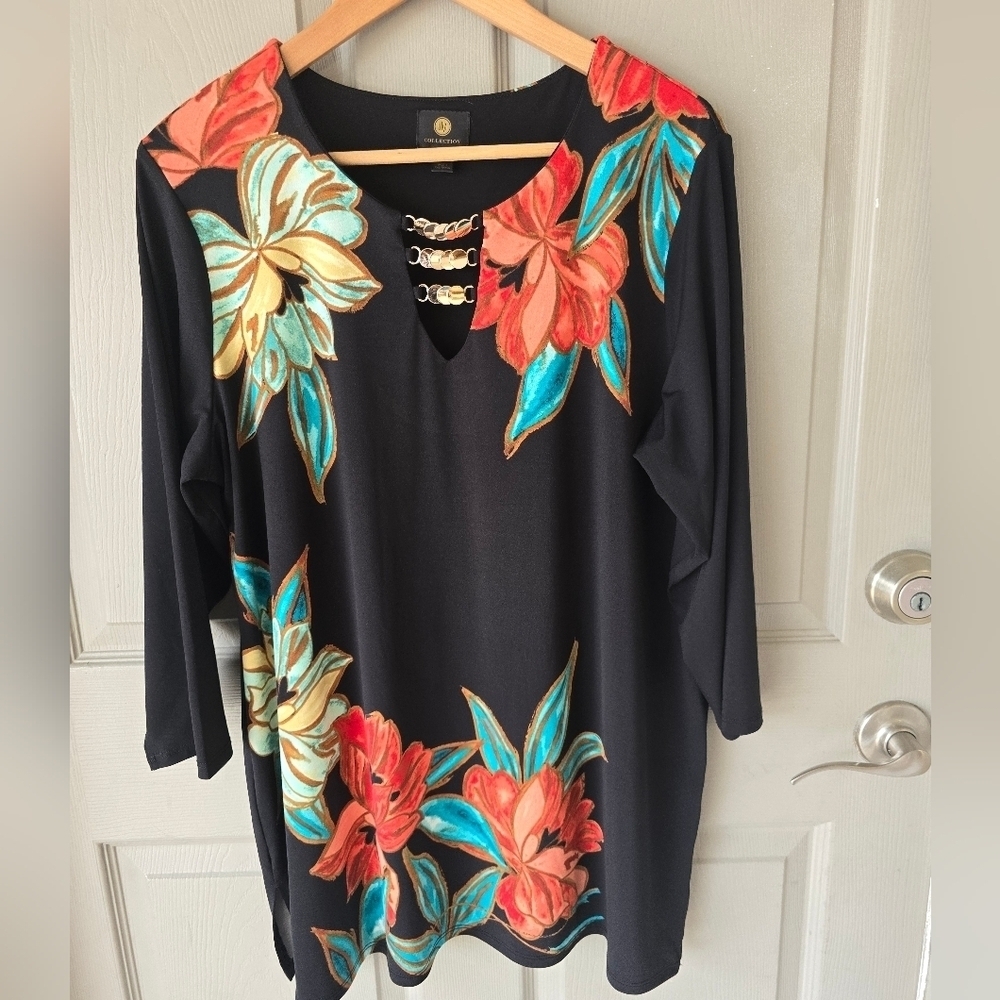 JM Collection Floral Tunic Blouse 1X Women Mixed Print Feminine Stretchy - Picture 2 of 10